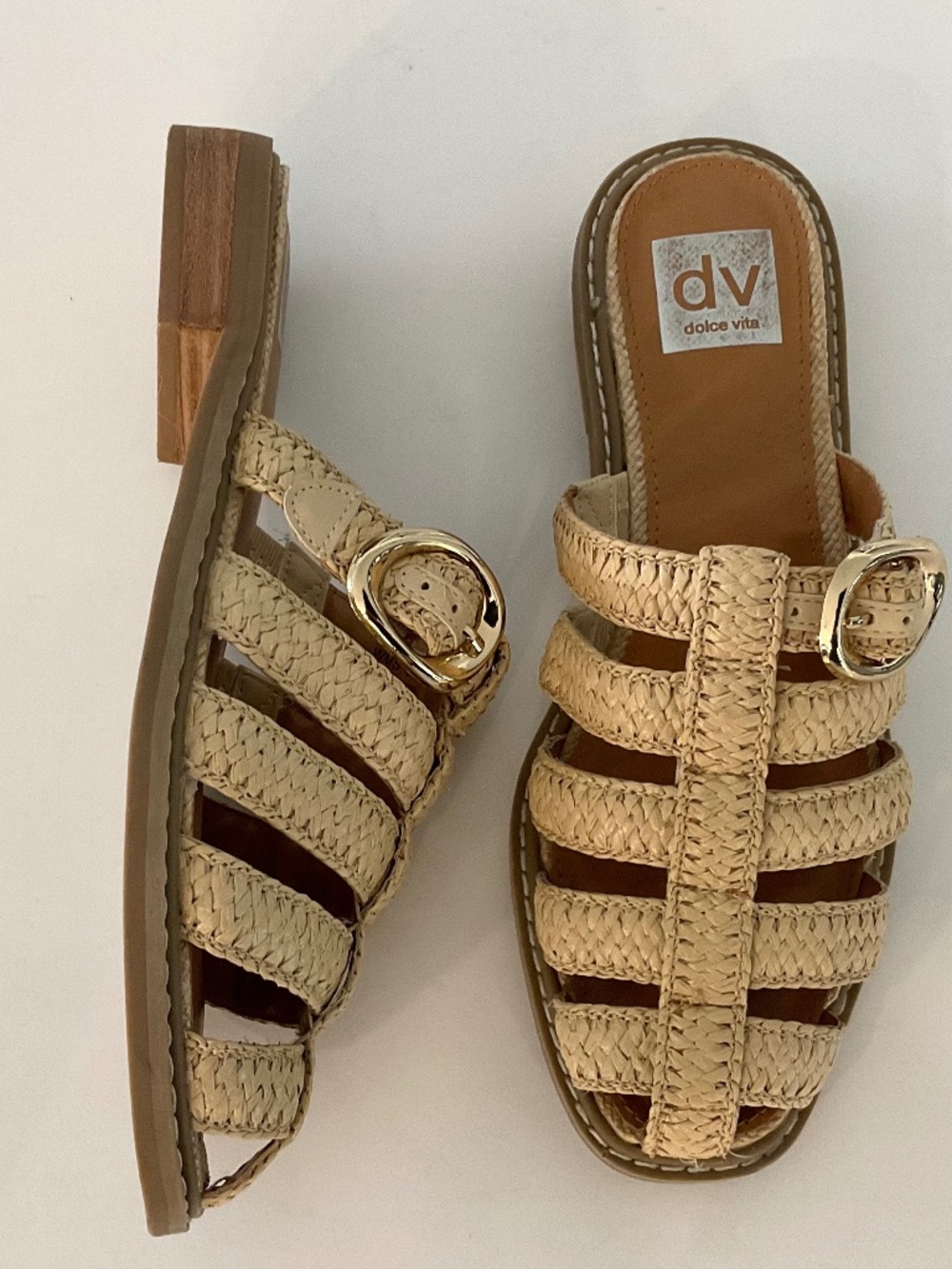Dolce Vita Beige Braided Slide Sandals with Gold Buckles